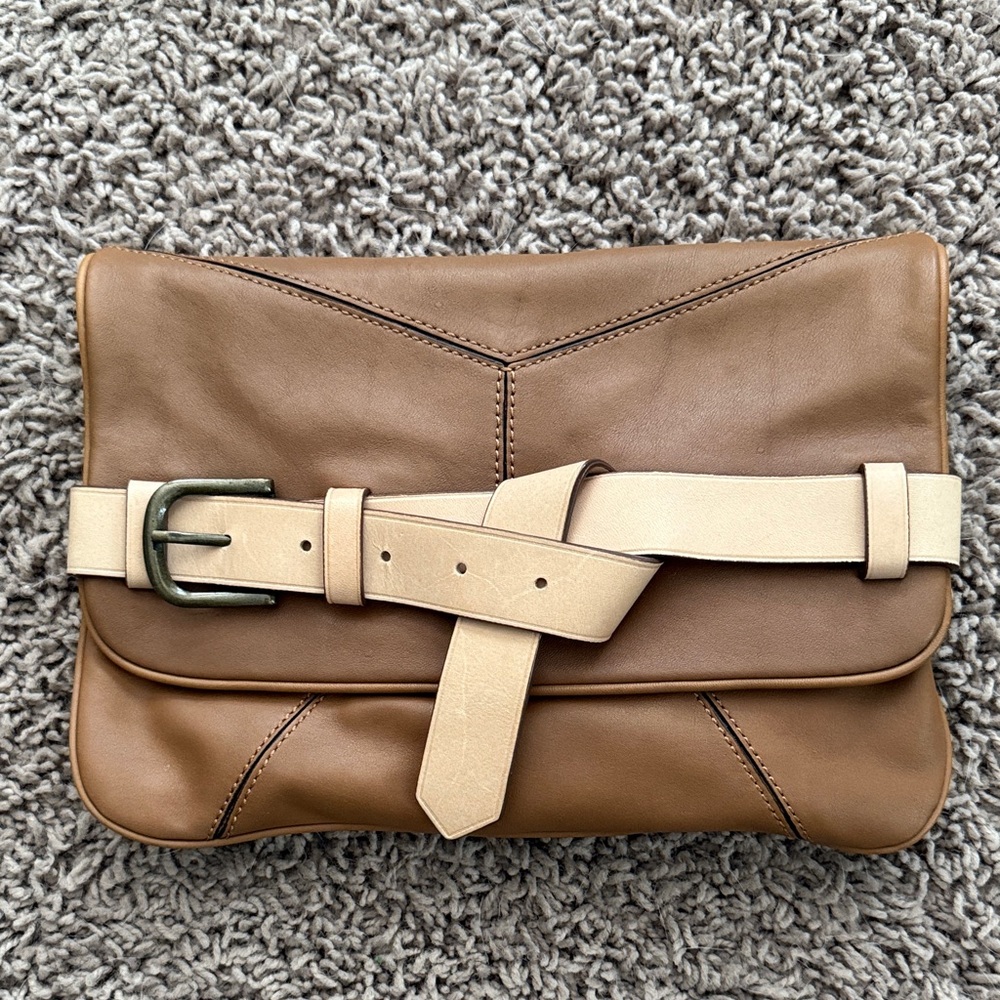Brown and Tan Genuine Leather Clutch with Belt Accent